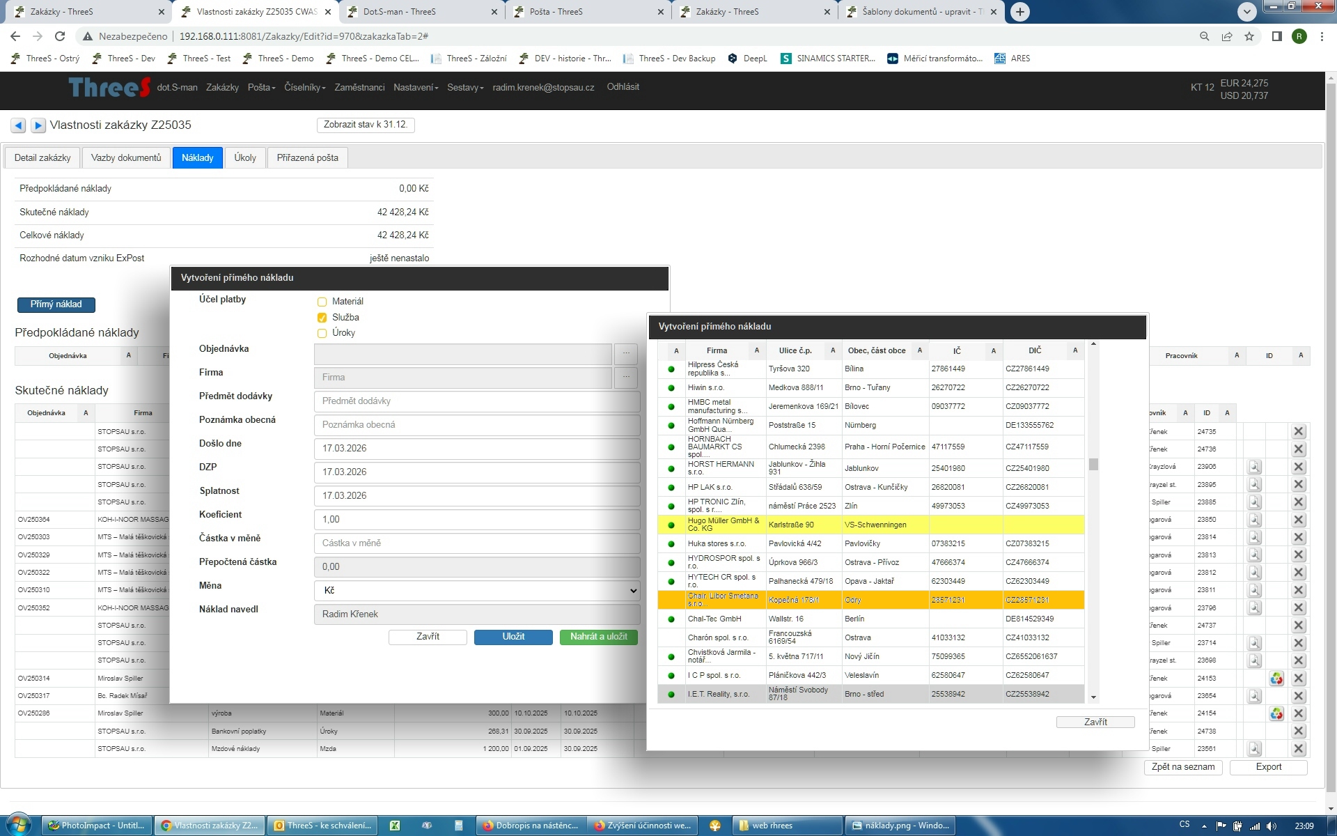 Ukázka nákladů zakázky
