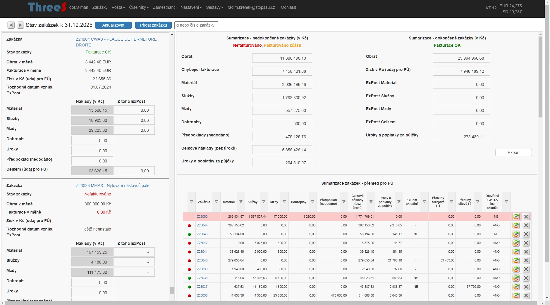 Detailní stav zakázek